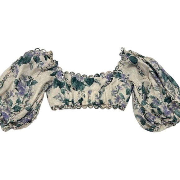 Zimmermann Floral Linen Loop Trim Puff Sleeve Crop Top 0 XS Designer Luxury - Picture 8 of 16